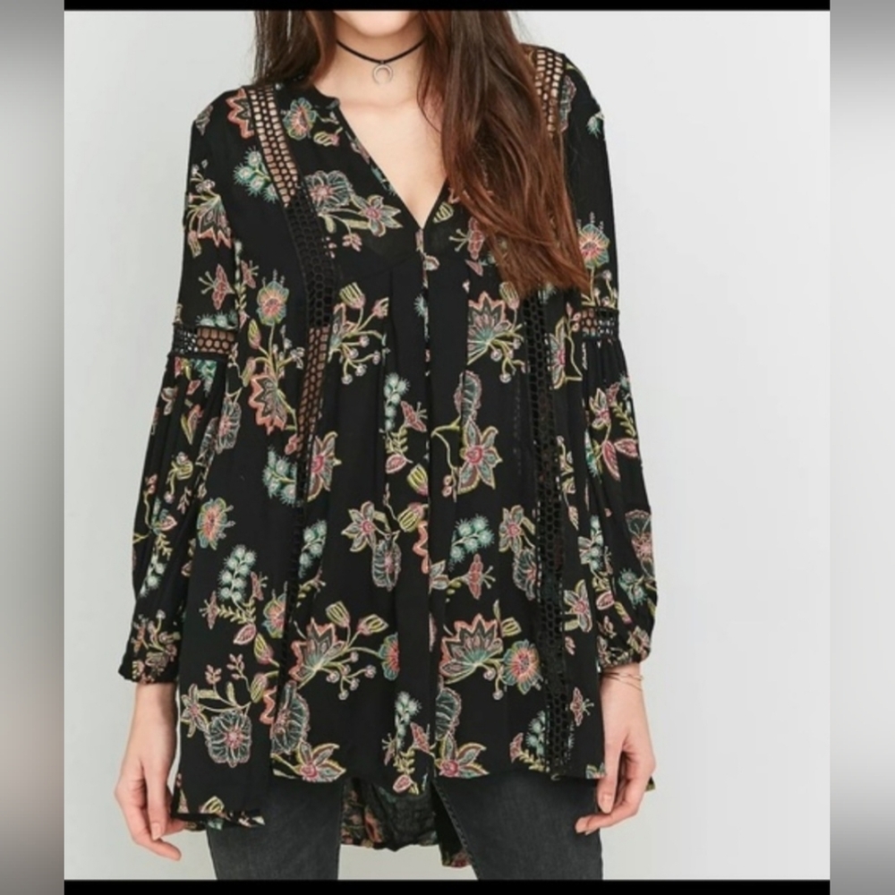 Free People Just The Two Of Us Black Floral Tunic Or Dress